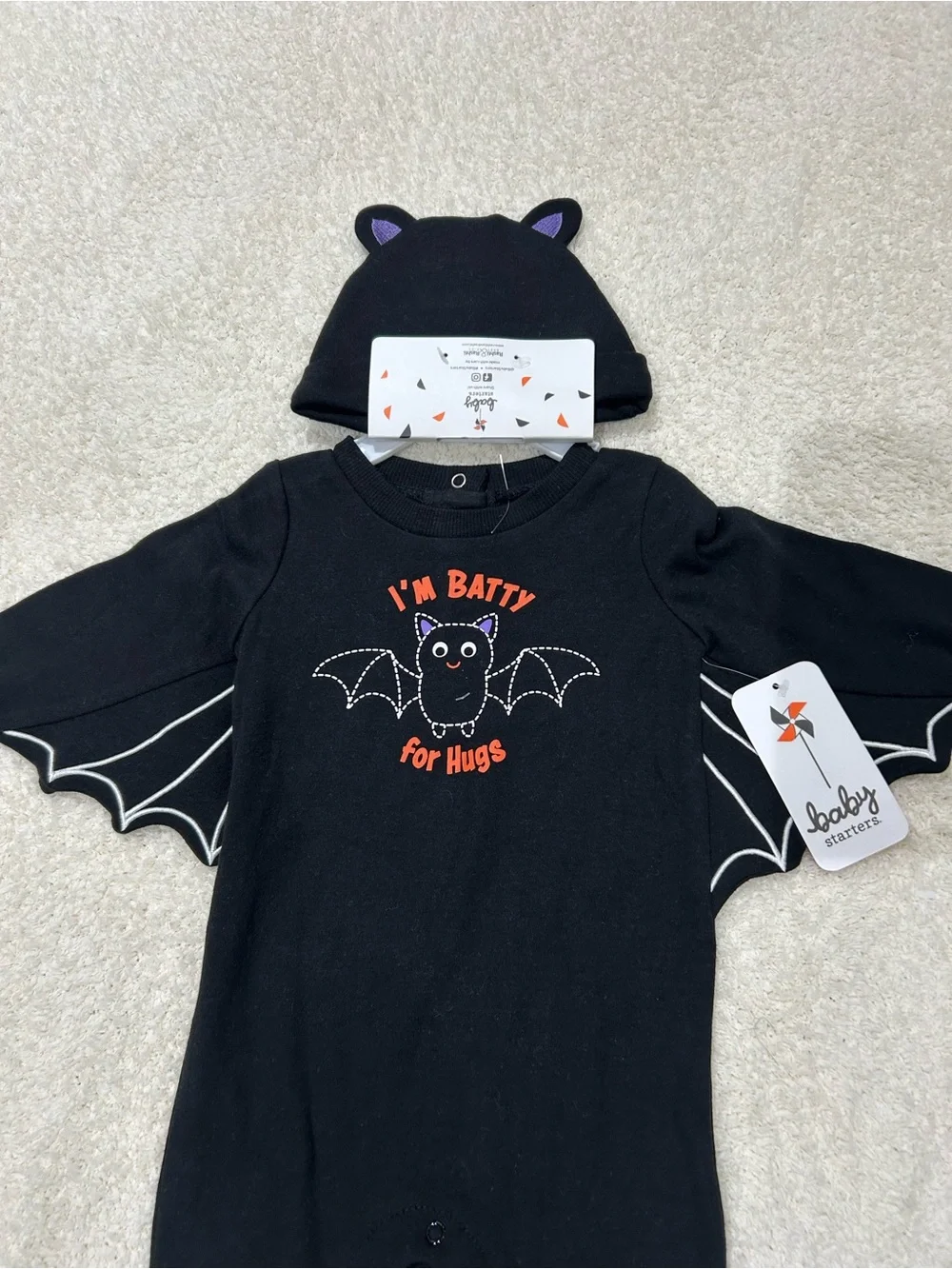 Baby Starters Batty For Hugs Halloween Bat Wing Romper One Piece Hat Set NWT